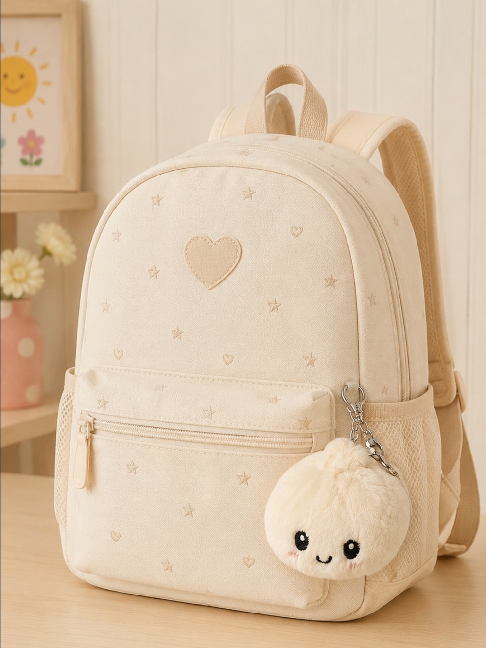 NWT Girls Plush Ivory Dumpling Bag Charm Keychain Embroidered Face Viral